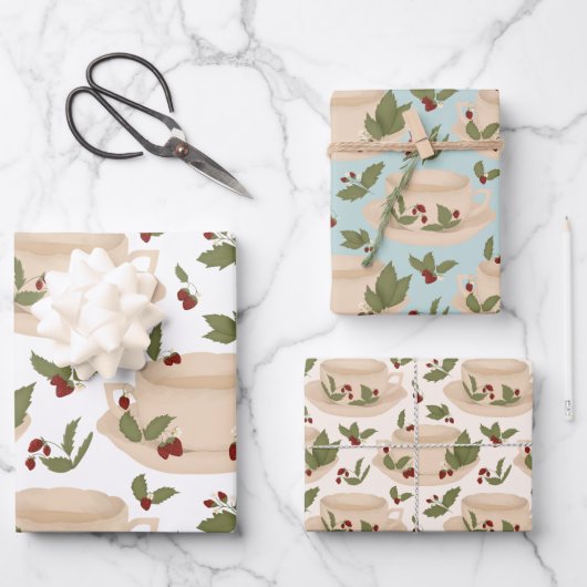 Strawberry Teacup Gift Wrap Inpakpapier Vel (Voorkant)