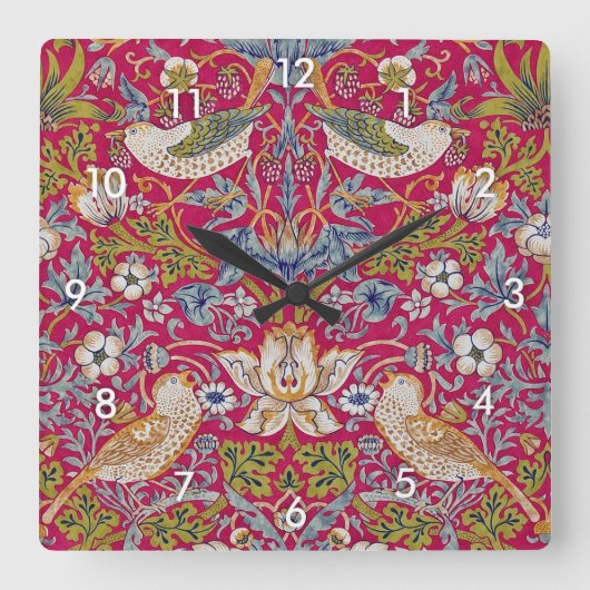 Strawberry Thief William Morris Vierkante Klok (Voorkant)