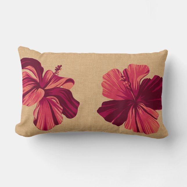 Streaky Hawaiian Hibiscus Faux Linen Lumbar Kussen (Voorkant)