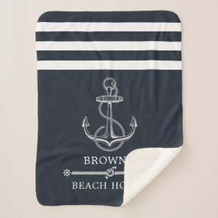 Streepjesbeach of Lake met Nautical Anchor Family  Sherpa Deken