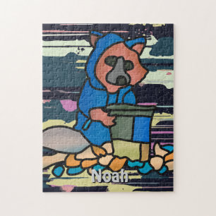 Street Raccoon verkennen door een vuilnisbak ple Legpuzzel