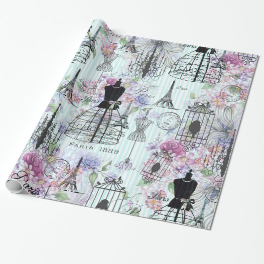 strepen Eiffeltoren collage florale Cadeaupapier (Uitgerold)