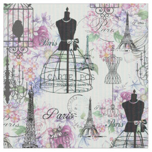 strepen Eiffeltoren collage florale Stof