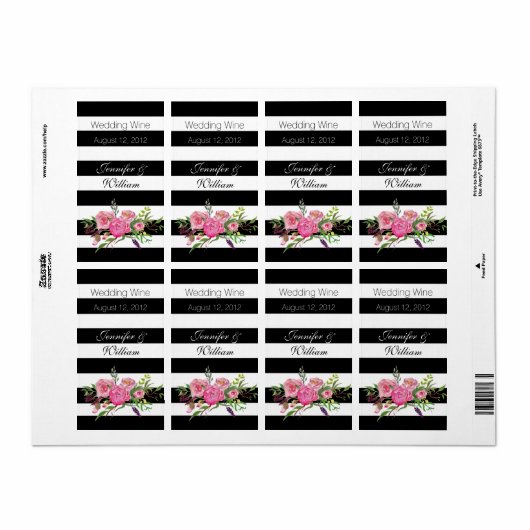 Strepen en bloemen Bruiloft Mini Wijn Label (Full Sheet)