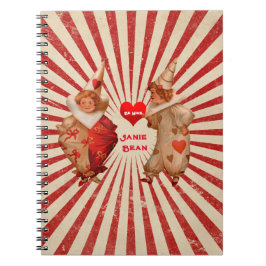 Strepen en vintage Valentijnsclowns met hart  Notitieboek