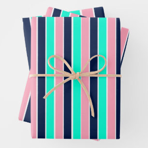 Strepen in Mint Green, Pink en Navy Blue Inpakpapier Vel