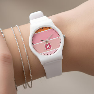 strepen in roze, wit en oranje met monogram horloge