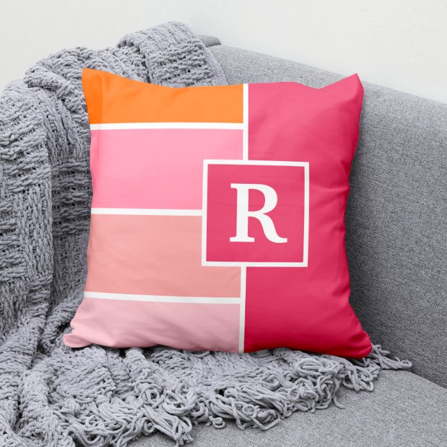 strepen in roze, wit en oranje met monogram kussen (Creator heeft geüpload)