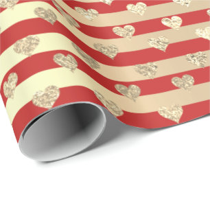 Strepen Lijnen Harten Champagne Goud Helder Rood Cadeaupapier