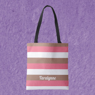 Strepen Mocha Bruin Roze Wit Personaliseren Draagtas