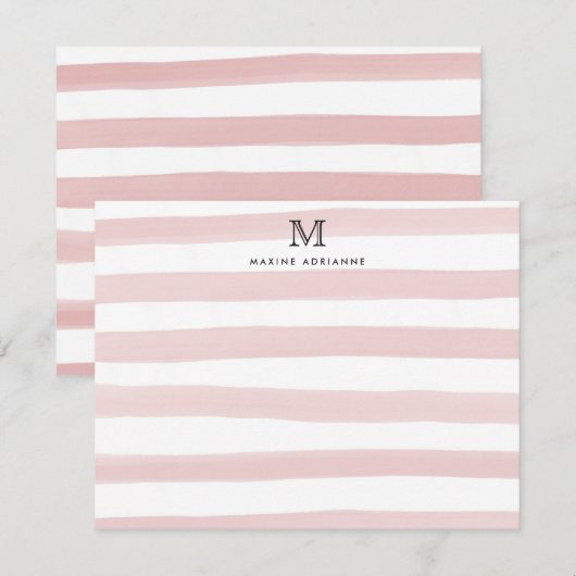 Strepen Monogram Roze Waterverf Moderne Chic Notitiekaartje (Voorkant / Achterkant)