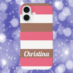 Strepen Patroon Mocha Roze Wit Personaliseren iPhone 16 Hoesje