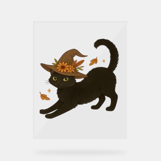 Stretching Black Cat – Witchy Autumn Classic T-Shi Acryl Bord (Voorkant)
