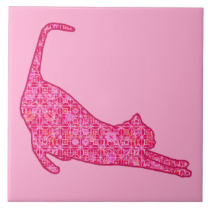 Stretching Cat Silhouette in Fuchsia Pink Batik Tegeltje