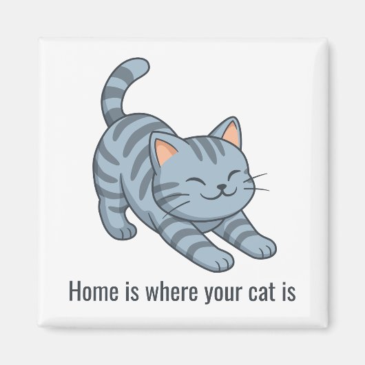 Stretching Grey Tabby Cat Custom Text Magneet (Voorkant)
