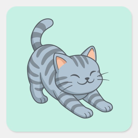 Stretching Grey Tabby Cat Green Vierkante Sticker (Voorkant)