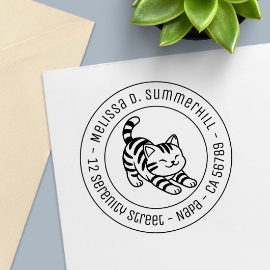 Stretching Tabby Cat Round Address Zelfinktende Stempel