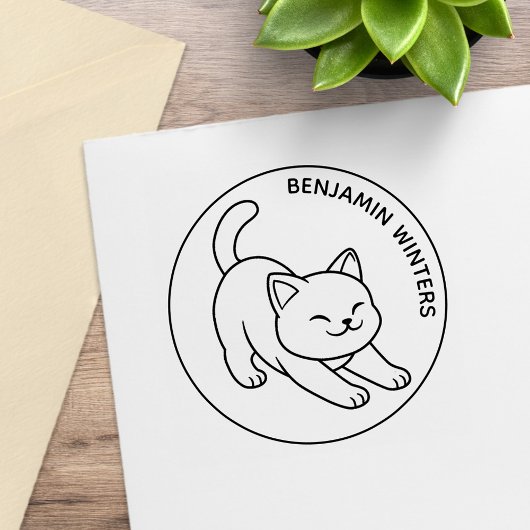 Stretching White Cat Custom Text Rubberstempel