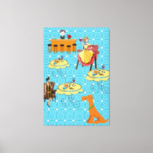 Strette Canvas Retro Woman Dog Dinning Afdruk