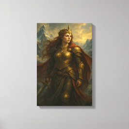 Strijder Queen in Gold Armour met Kroon en Zwaard Canvas Afdruk