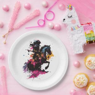 Strijdpaard in waterverf papieren bordje