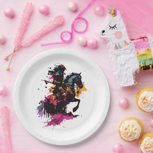 Strijdpaard in waterverf papieren bordje (Feest)