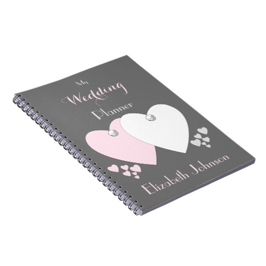 Strijdplankenroze en grijs met harten en naam notitieboek (Rechterzijde)