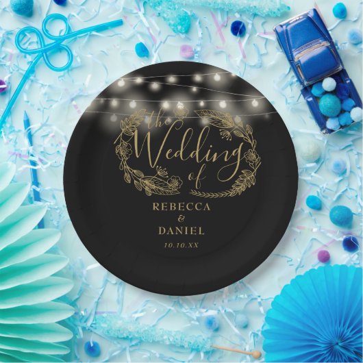 Strijklichten Bloemen Zwart en Gouden Bruiloft Papieren Bordje (Feest)