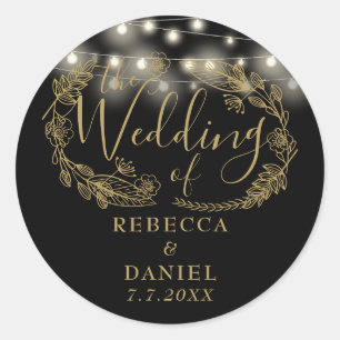 Strijklichten Bloemen Zwart en Gouden Bruiloft Ronde Sticker