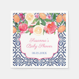 Strikende bloemen Citrus Blauwe Tegels Bruiloftsfe Servet
