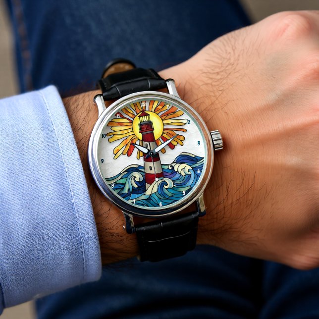 Striking Lighthouse Sun Ocean Waves Horloge (Creator heeft geüpload)
