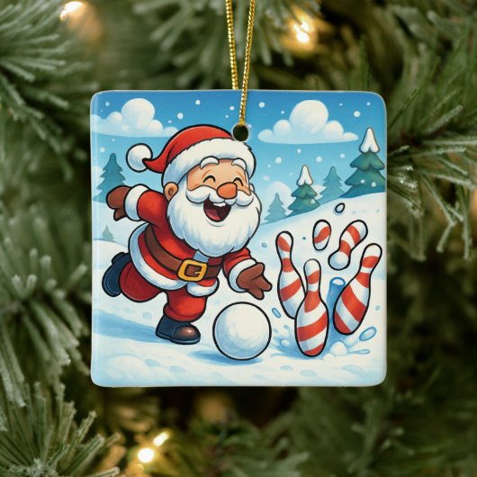 Striking Santa Bowling Candy Cane Lane Personalize Keramisch Ornament (Boom)