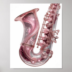 Striking Zilveren ROZE SAXOFOON Grafisch ontwerp Poster