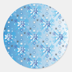 Strikte blauwe en witte sterren en sneeuwvlokken ronde sticker