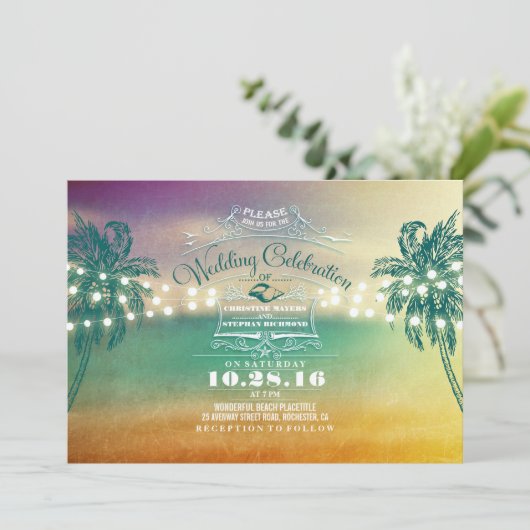 String licht schattige strand bruiloft uitnodiging (Staand voorkant)