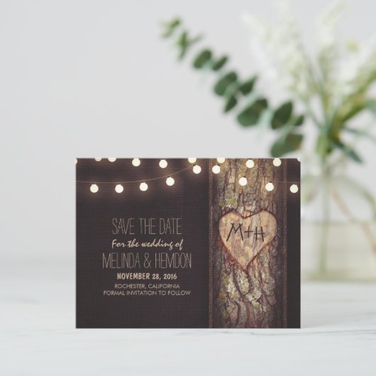 String lichten gesneden hart rustieke save the dat aankondigingskaart (Staand voorkant)