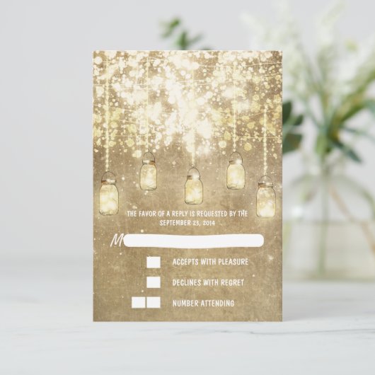 String lichten metselaar potten bruiloft RSVP kaar (Staand voorkant)