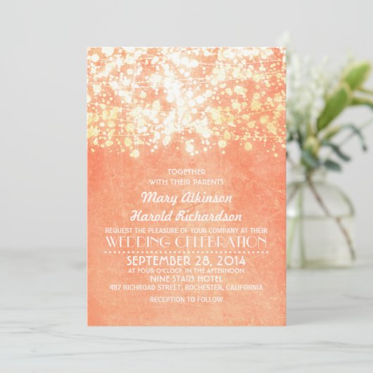 String Lichten Perzik en Goud Rustiek Huwelijk Kaart (Staand voorkant)