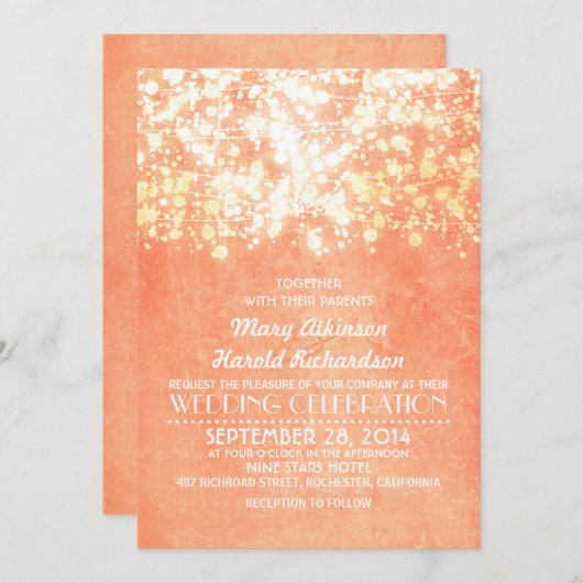 String Lichten Perzik en Goud Rustiek Huwelijk Kaart (Voorkant / Achterkant)