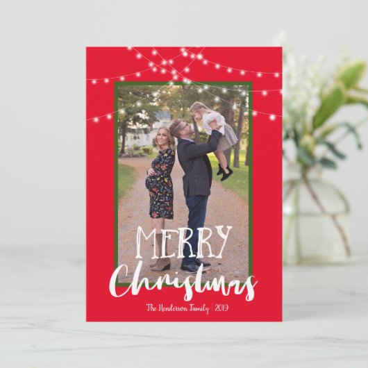 String Lichten Rood en Groen Foto Vrolijk Kerstmis Feestdagenkaart (Staand voorkant)