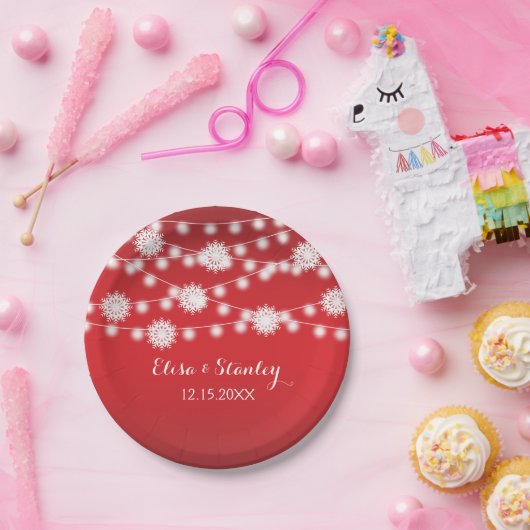 String lichten, sneeuwvlokken rood moderne bruilof papieren bordje (Feest)