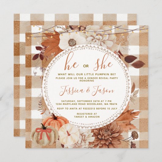 String Light Gingham Pumpkin Gender Reveal Party Kaart (Voorkant / Achterkant)