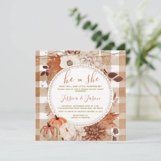 String Light Gingham Pumpkin Gender Reveal Party Kaart (Staand voorkant)