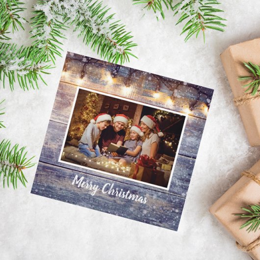 String Light Rustic Wood Photo Holiday Kaart