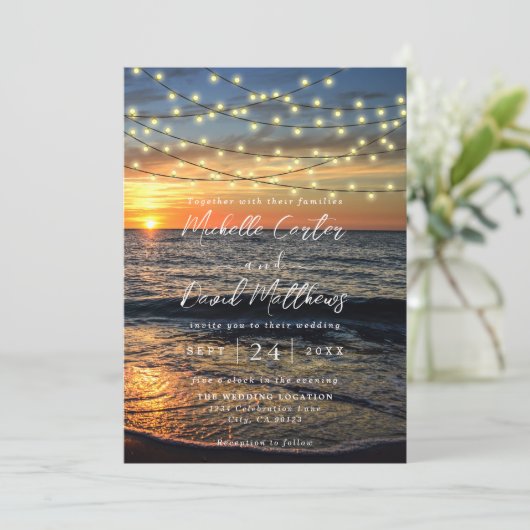 String Light Sunset Beach Weddenschap Save The Date (Staand voorkant)