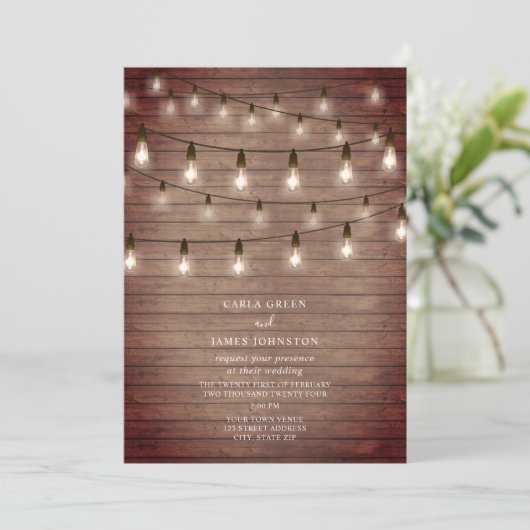  String Lightbulbs Hout Wedding Kaart (Staand voorkant)