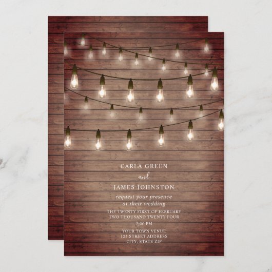  String Lightbulbs Hout Wedding Kaart (Voorkant / Achterkant)