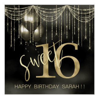 String Lights & Balloons Sweet 16 Black/Gold ID473 Perfect Poster