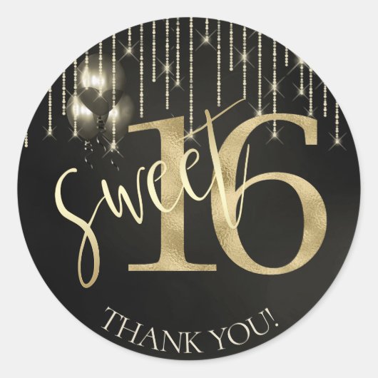 String Lights & Balloons Sweet 16 Black/Gold ID473 Ronde Sticker (Voorkant)