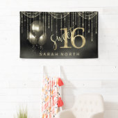 String Lights & Balloons Sweet 16 Black/Gold ID473 Spandoek (Insitu)
